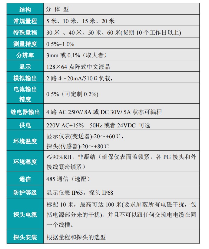 分體式超聲波液位計參數 分體式超聲波液位計參數